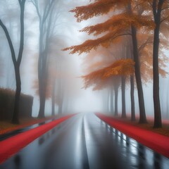 An empty illuminated rural paved road among trees and a village in the fog on a rainy autumn day - obrazy, fototapety, plakaty