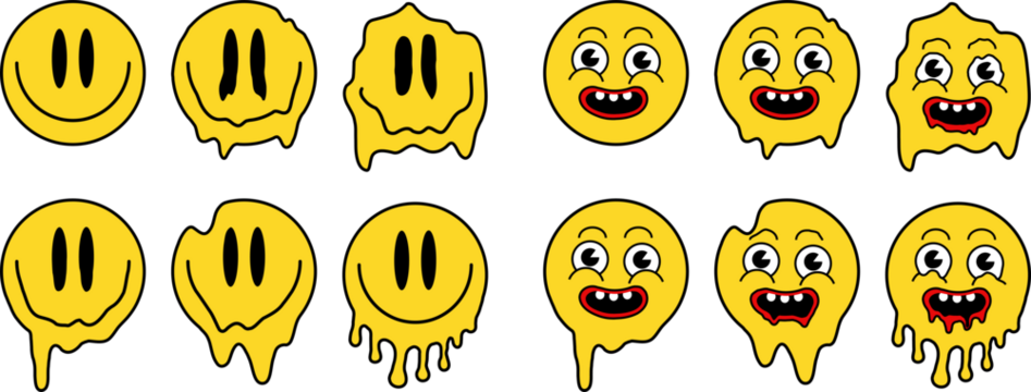 Funny melt smile faces set collection. Melted smiley faces in drippy graffiti style. Cartoon face. Urban graffiti style on transparent background