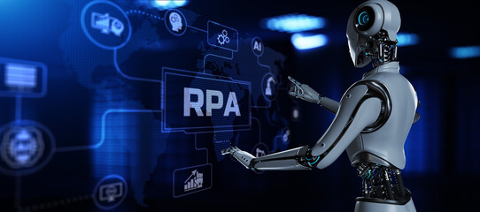 RPA Robotic process automation concept. Robot pressing button on screen 3d render.