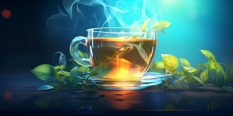 Cup of hot tea with smoke on dark background, close up leaf also on the table  - obrazy, fototapety, plakaty