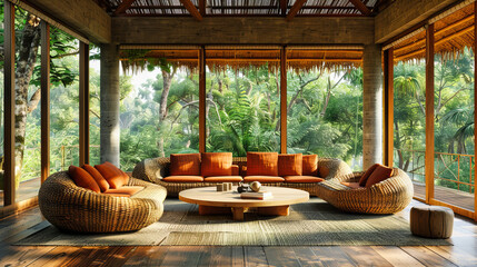 Fototapeta premium Exotic Wooden House with Tropical Design, Luxury Vacation Home in Nature, Relaxing Outdoor Living Space