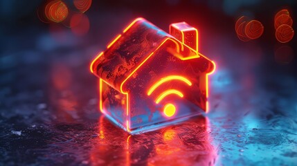 smart home, wireless hot:2 signal, 3d icon, isometric, dark blue lighting, Red gradient frosted glass building