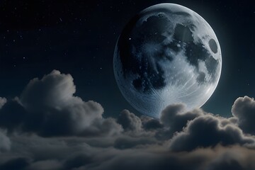Naklejka na ściany i meble Beautiful Moon in the Skies. Flying Over the Infinite Clouds with the Night Moon Shining Seamless. Looped 3d Animation with Moonlight Over the Horizon. 4k Ultra HD Generative AI