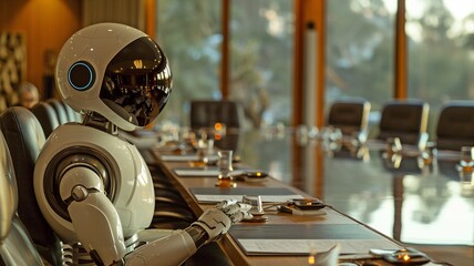 Workers and humanoid robots attend a business meeting.