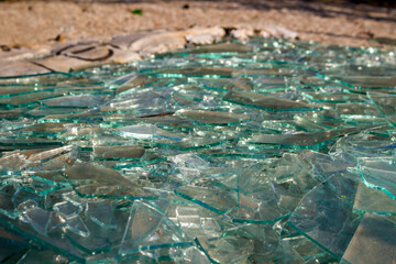 Shards of broken glass outdoor, close up