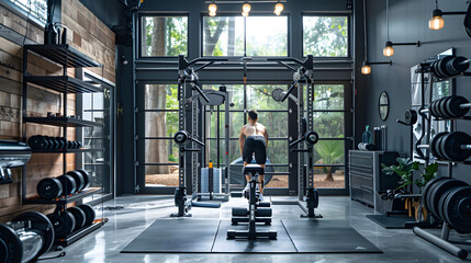 Athletic Person Training on a Smith Machine in a Modern Home Gym Interior with Natural Light - obrazy, fototapety, plakaty