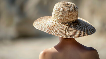 View from the back of a woman in a large straw hat on the beach.