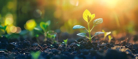 Nurturing seedling sprout, close crop Plant conservation, tender new growth - obrazy, fototapety, plakaty
