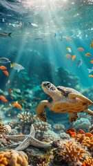 Obraz premium Vertical photo of a large sea turtle underwater with sun rays. World Sea Turtle Day 