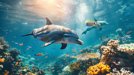 A pair of dolphins under the water on the background of corals. Respect for nature