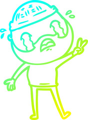 cold gradient line drawing of a cartoon bearded man crying