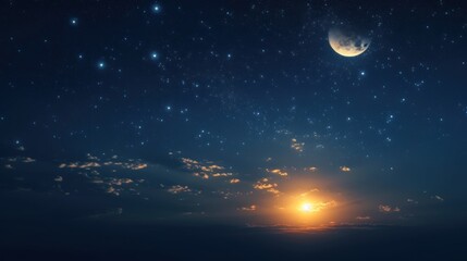 Fototapeta na wymiar Sky night stars and moon, islamic night, sunset