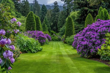 Beautiful garden with violet rhododendrons.
