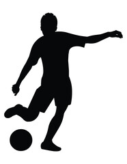 Fototapeta na wymiar Teenage boy silhouette playing football and going to kick the ball with his foot