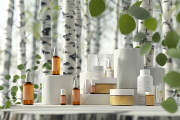 Set of skincare beauty cosmetic products stand on podium birch forest.