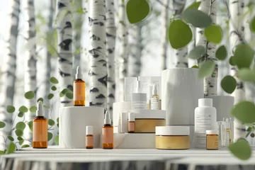 Zelfklevend Fotobehang Set of skincare beauty cosmetic products stand on podium birch forest. © kardaska