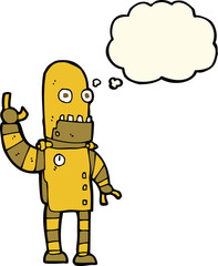 cartoon waving gold robot with thought bubble