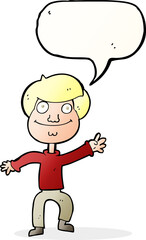 cartoon happy man waving with speech bubble