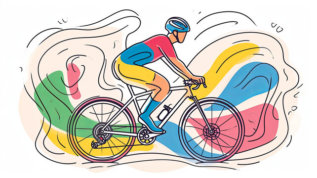 A man is riding a bicycle with a colorful background. The man is wearing a helmet and is pedaling with his legs. The background is filled with different colors and shapes, giving the image a vibrant