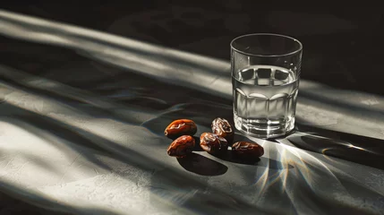 Fensteraufkleber Aesthetic dark background with glass of water and dry dates. Iftar time. Muslims and ramadan concept. Generative AI © AngrySun