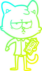cold gradient line drawing of a bored cartoon cat taking survey