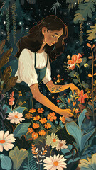 Illustration of a Woman Tending to Nighttime Flowers