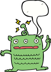 cartoon weird little alien with speech bubble