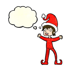cartoon excited christmas elf with thought bubble