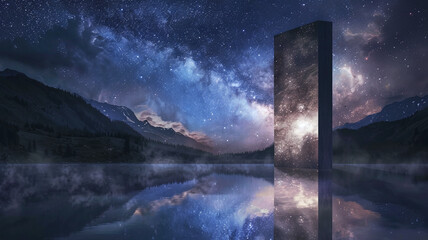 Monolith Reflecting Starry Night Sky Over Lake
