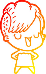 warm gradient line drawing of a cute cartoon girl with hipster haircut