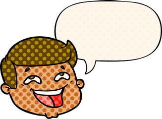 happy cartoon male face with speech bubble in comic book style