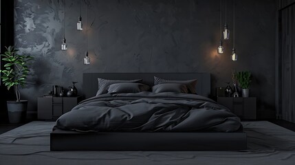 Black modern and retro style bedroom with black and dark materials