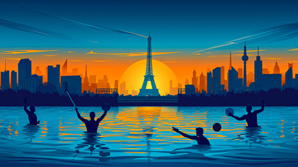 A group of people are playing a game of water polo in a large body of water. The sun is setting in the background, casting a warm glow over the scene. The players are all wearing swimsuits - obrazy, fototapety, plakaty