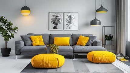 Bright living room interior Gray room with yellow elements