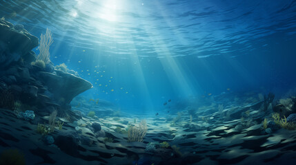 Sunlit Ocean Floor with Rocky Structures and Marine Flora - obrazy, fototapety, plakaty