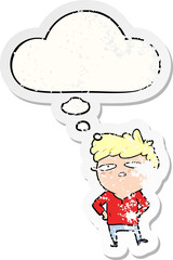 cartoon impatient man with thought bubble as a distressed worn sticker