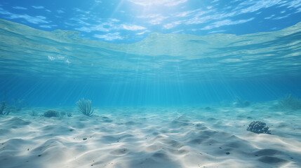 Fototapeta na wymiar Serene Underwater View with Sunbeams and Sandy Seabed