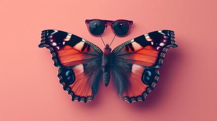 Schmetterling Draufsicht mit Sonnenbrille für Urlaub davor liegend freigestellt von oben isoliert einfarbiger Hintergrund Generative AI - obrazy, fototapety, plakaty