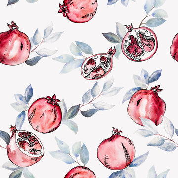 Seamless pattern with pomegranate, watercolor red granate fruit with leaves