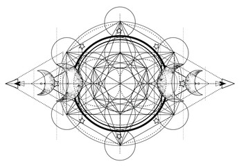 Metatron Cube. Moon pagan Wicca moon goddess symbol. Three-faced Goddess, Maiden, Mother, Crone isolated vector illustration. Tattoo, astrology, alchemy, boho and magic symbol. Coloring book. - 775858705