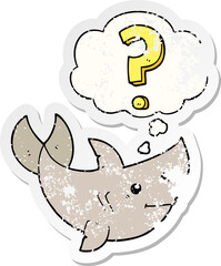 cartoon shark asking question with thought bubble as a distressed worn sticker