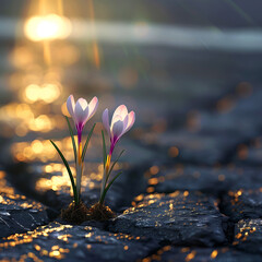 Crocus flowers breaking through dark cracked asphalt, backlit by the sun