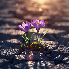 Crocus flowers breaking through dark cracked asphalt