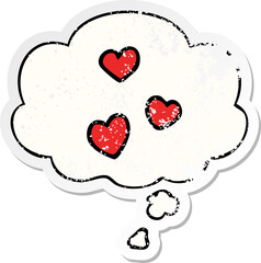 cartoon love heart with thought bubble as a distressed worn sticker