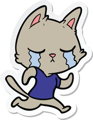 sticker of a crying cartoon cat running away