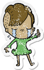 distressed sticker of a cartoon crying girl