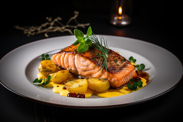 Fish and chips on a white plate on a black background