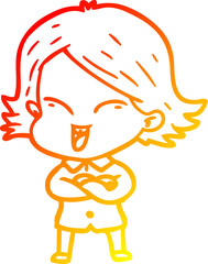 warm gradient line drawing of a happy cartoon girl