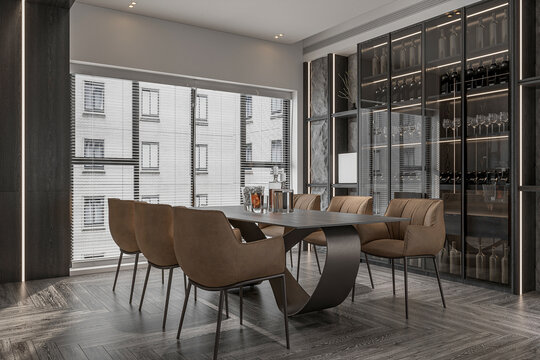 The 3D image of a modern, luxury dining space features a sleek and sophisticated design