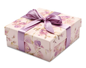 Gift box flower pattern with purple ribbon isolated on transparent background. PNG